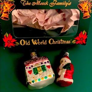 NIB Old World Santa & gingerbread house ornaments